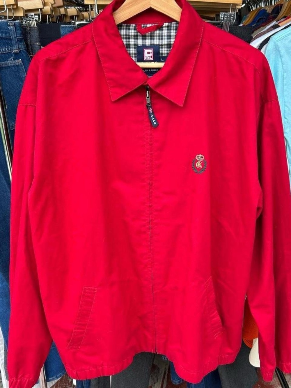 Vintage 1990s Chaps Ralph Lauren Harrington Jacket L Red Plaid Lined Cotton